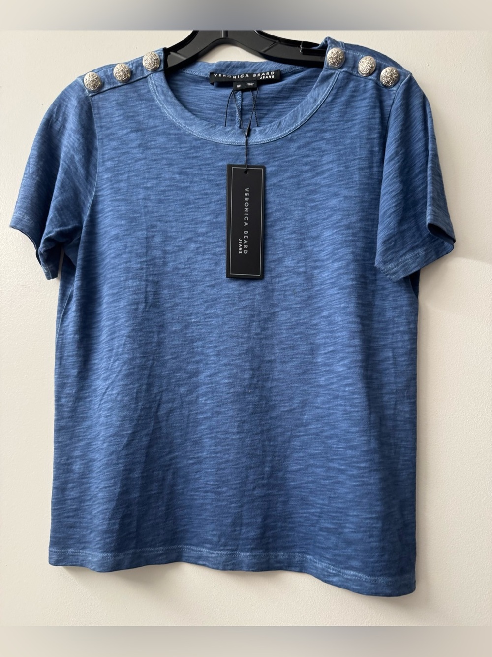 Veronica Beard Denim Blue Short Sleeve Tee with Embellished Shoulders
